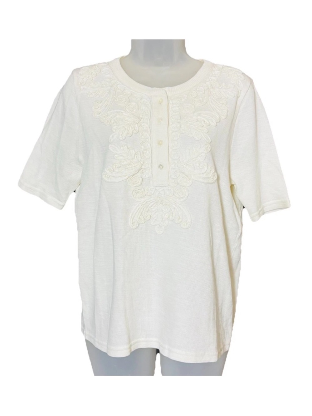 Sundance Top Womens Petite Medium PM Lace Detail Cream Button Short Sleeve Shirt